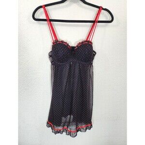 Per Lei Black Red Polka Dot Mesh Babydoll Lingerie Chemise S Underwire Ruffle